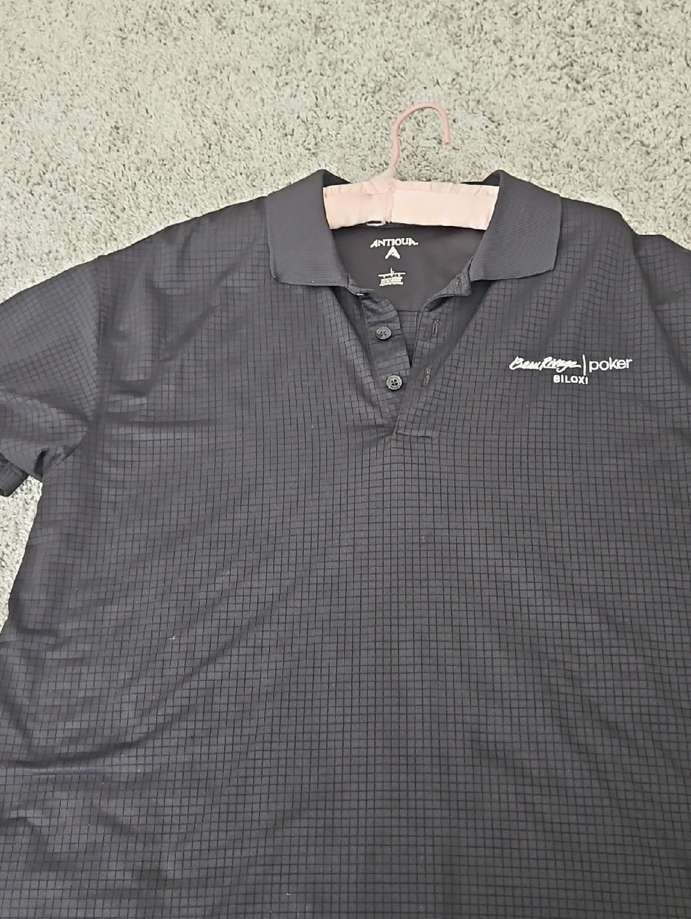 Antigua Men’s Black Micro-Check Polo with Biloxi Poker Logo